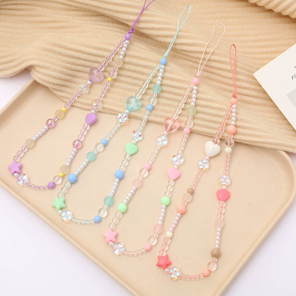 Mobile Phone Chain Pendant Acrylic Beaded Love Fivepointed Star Water Drops Bells Handmade