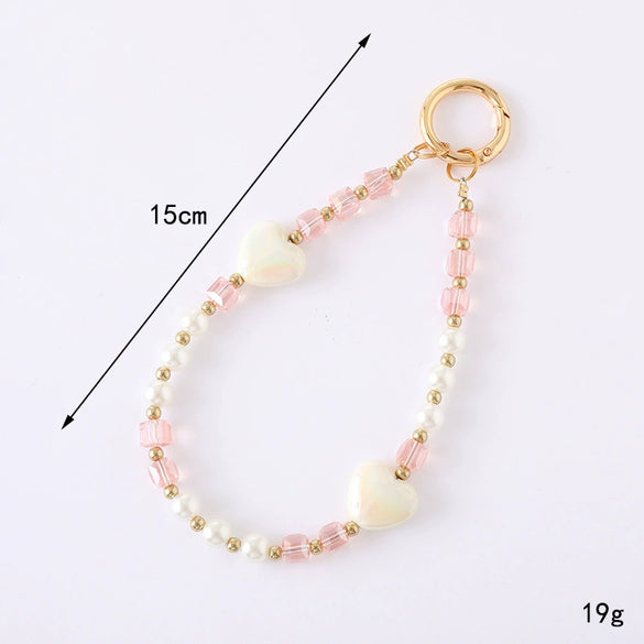 Mobile Phone Lanyard Keychain Pendant Crystal Beaded Love Pattern Handmade Colorplated