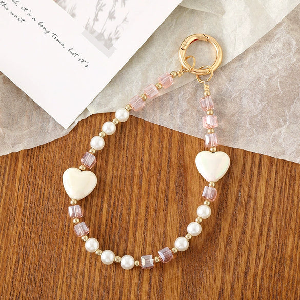 Mobile Phone Lanyard Keychain Pendant Crystal Beaded Love Pattern Handmade Colorplated