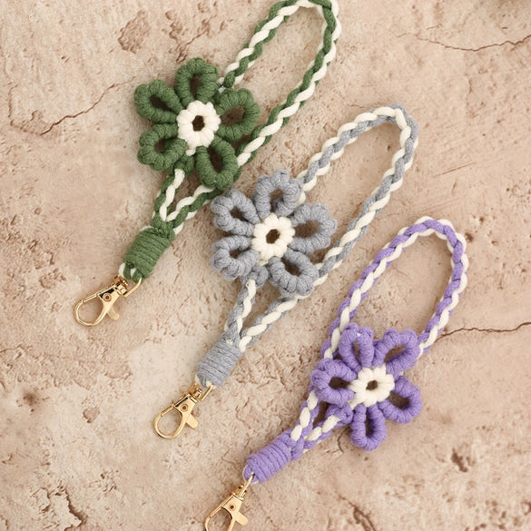 Mobile Phone Lanyard Wrist Strap Keychain Handicraft Woven With Plants And Flowers Pattern