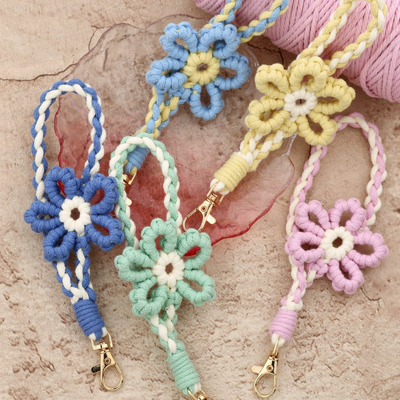 Mobile Phone Lanyard Wrist Strap Keychain Handicraft Woven With Plants And Flowers Pattern