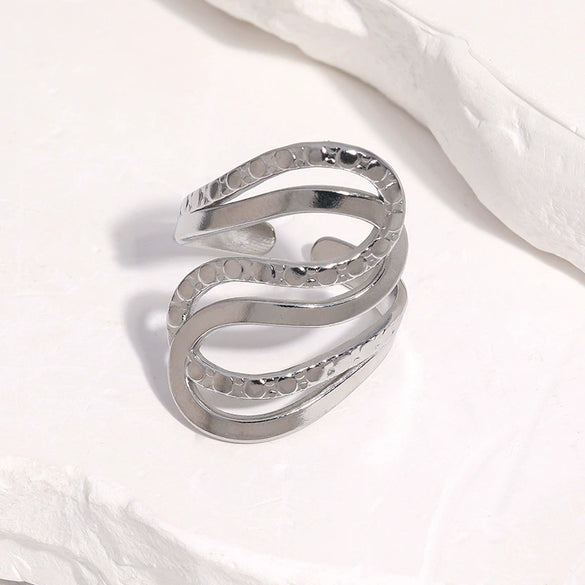 Modern Minimalist Stainless Steel Open Ring With Irregular Geometric Line Texture And 18K Gold Electroplated Finish For Women