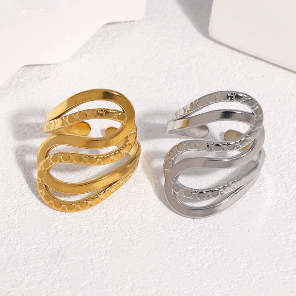Modern Minimalist Stainless Steel Open Ring With Irregular Geometric Line Texture And 18K Gold Electroplated Finish For Women