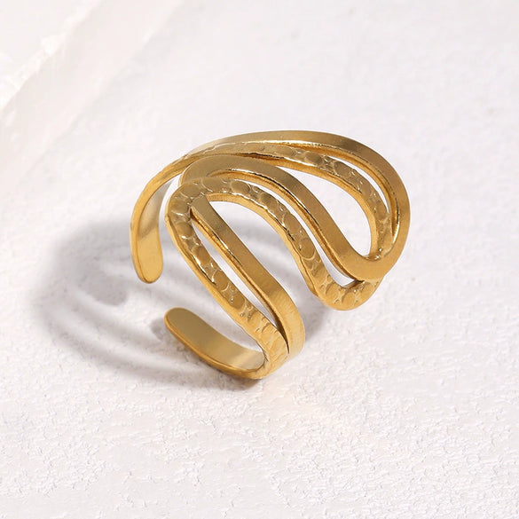 Modern Minimalist Stainless Steel Open Ring With Irregular Geometric Line Texture And 18K Gold Electroplated Finish For Women