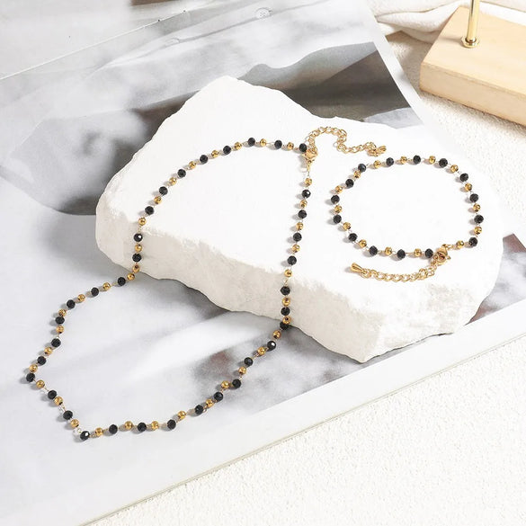 Modern Style Simple Style Classic Style Round Agate Titanium Steel Beaded 18K Gold Plated Women'S Bracelets Necklace