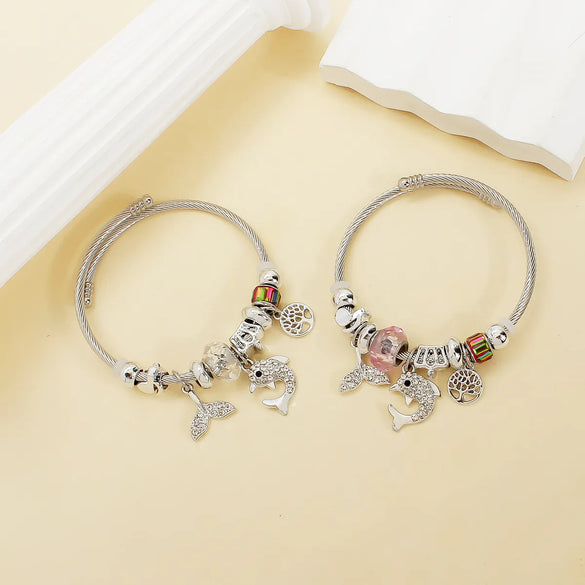 Modern Style Sweet Dolphin Life Tree Fish Tail 304 Stainless Steel Zircon Bangle In Bulk