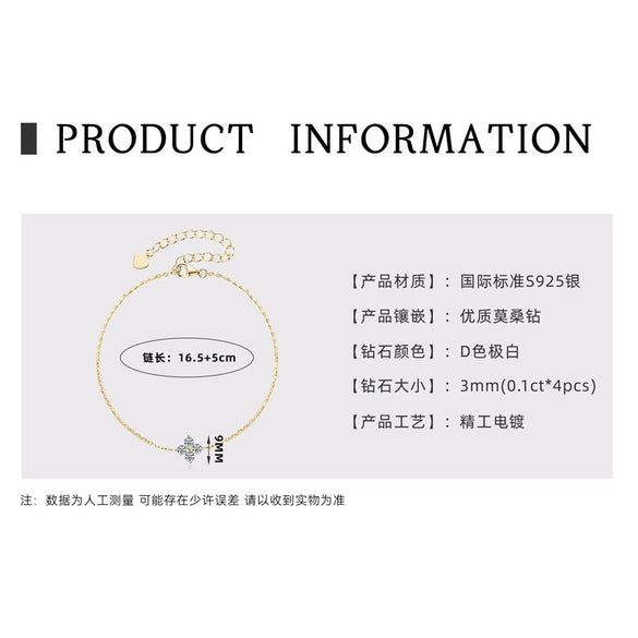 Moissanite Bracelet 925 Sterling Silver Plated 18K Gold Four Leaf Clover Classic Natural Style Women's Jewelry