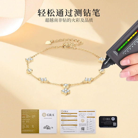 Moissanite Bracelet 925 Sterling Silver Plated 18K Gold Four Leaf Clover Classic Natural Style Women's Jewelry