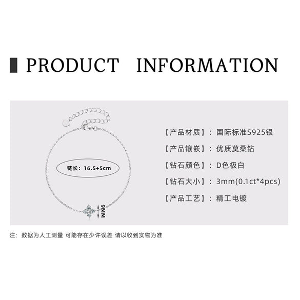 Moissanite Bracelet 925 Sterling Silver Plated 18K Gold Four Leaf Clover Classic Natural Style Women's Jewelry