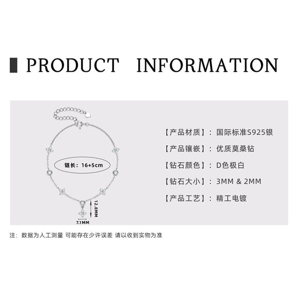 Moissanite Bracelet 925 Sterling Silver Plated 18K Gold Four Leaf Clover Classic Natural Style Women's Jewelry