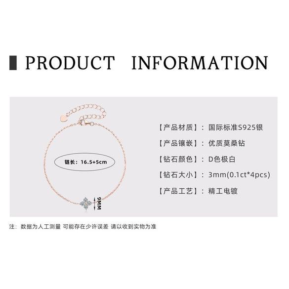 Moissanite Bracelet 925 Sterling Silver Plated 18K Gold Four Leaf Clover Classic Natural Style Women's Jewelry