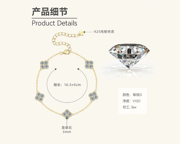 Moissanite Four Leaf Clover Bracelet S925 Silver Handmade Electroplated Jewelry For Women