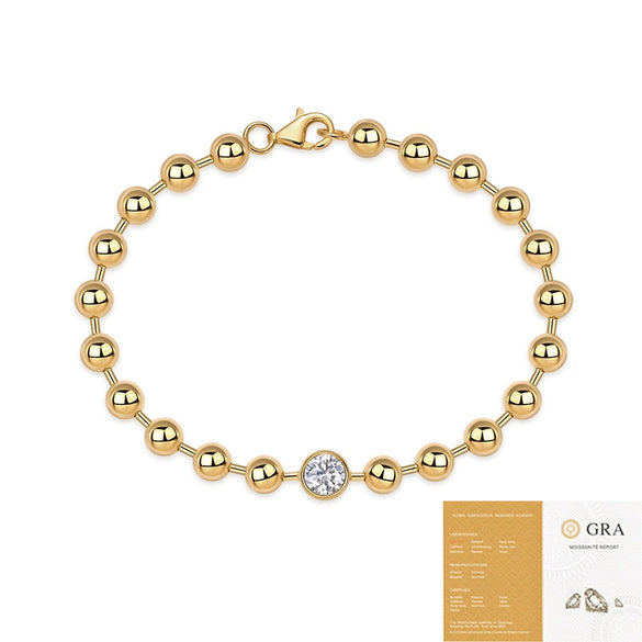 Moissanite Inlay 925 Silver Gold Bead Chain Geometric Style Women's Bracelet