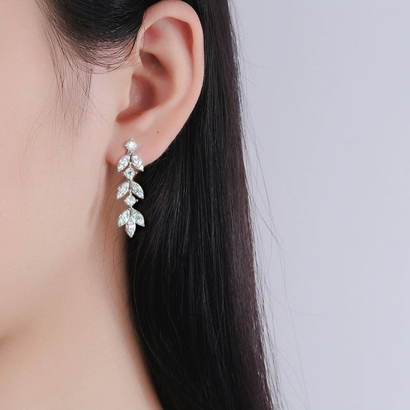 Moissanite Leaf Tassel Earrings S925 Silver Highend Jewelry
