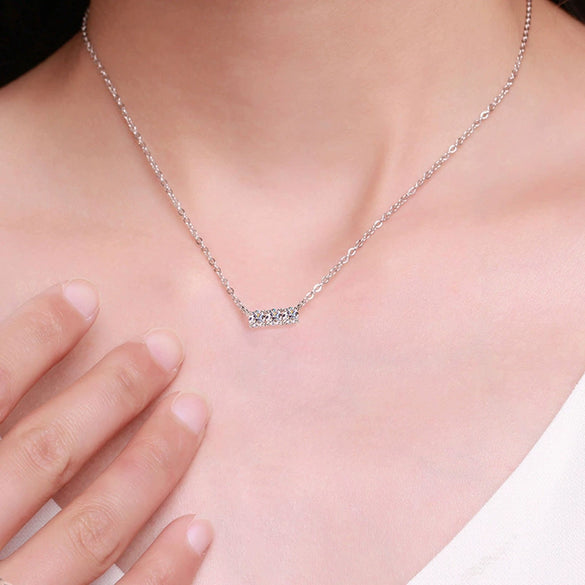 Moissanite 925 Sterling Silver Geometric Style Threestone Pendant Necklace Set With Diamonds