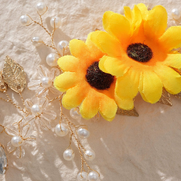 Mori Fairy Style Women's Handmade Pearl Flower Hair Band Bridal Headwear With Sunflower And Daisy Details