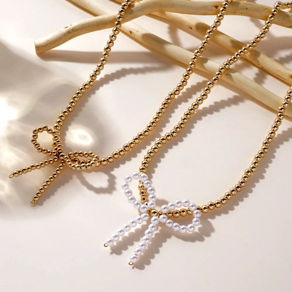 Mother Pearl Shellfish Copper Elegant Korean Style Beaded Geometric Bow Knot Pendant Necklace