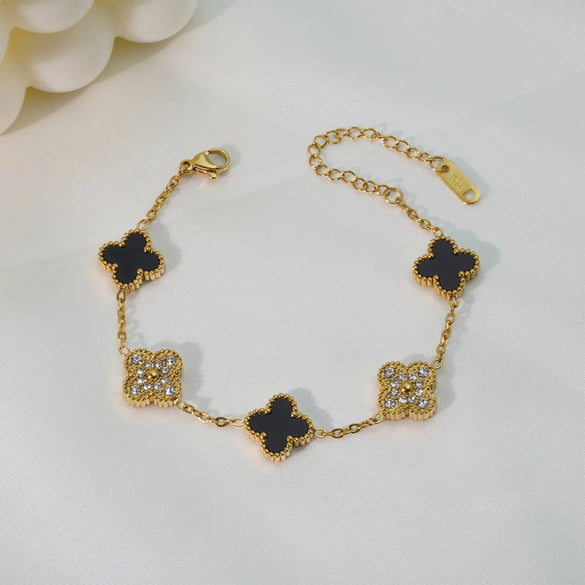 Mother Shell Titanium Steel 18K Gold Plated Elegant Lady Plating Four Leaf Clover Bracelets Necklace