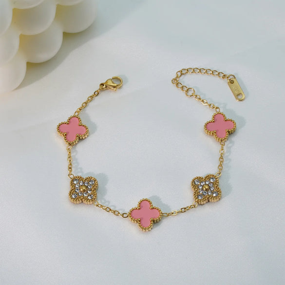 Mother Shell Titanium Steel 18K Gold Plated Elegant Lady Plating Four Leaf Clover Bracelets Necklace