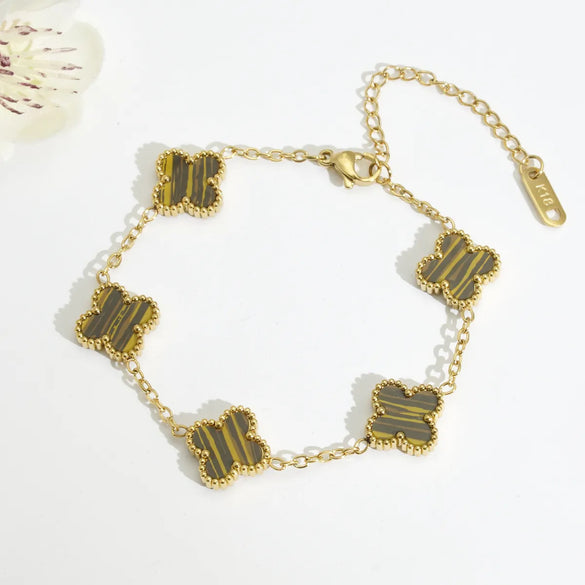 Mother Shell Titanium Steel 18K Gold Plated Elegant Lady Plating Four Leaf Clover Bracelets Necklace