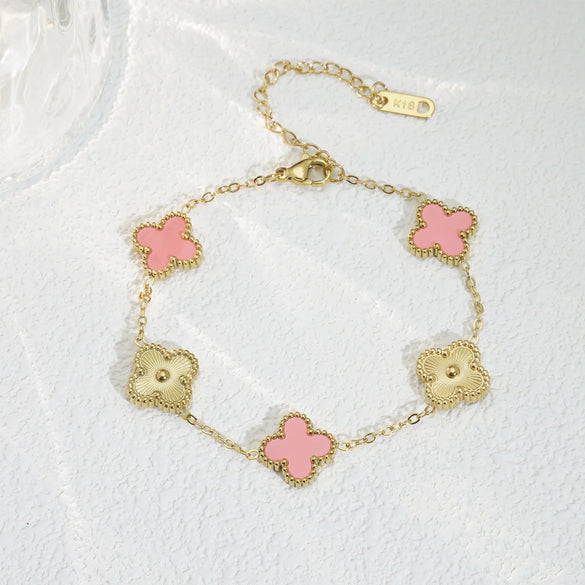 Mother Shell Titanium Steel 18K Gold Plated Elegant Lady Plating Four Leaf Clover Bracelets Necklace