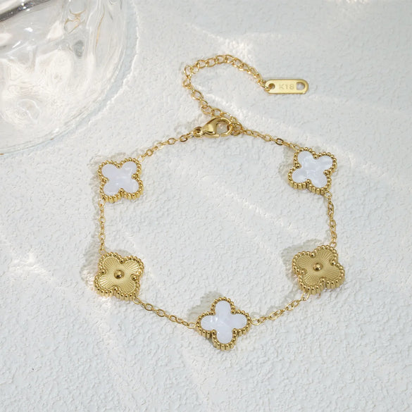 Mother Shell Titanium Steel 18K Gold Plated Elegant Lady Plating Four Leaf Clover Bracelets Necklace