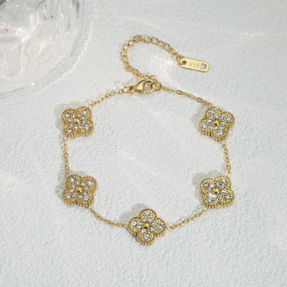 Mother Shell Titanium Steel 18K Gold Plated Elegant Lady Plating Four Leaf Clover Bracelets Necklace