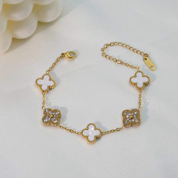 Mother Shell Titanium Steel 18K Gold Plated Elegant Lady Plating Four Leaf Clover Bracelets Necklace