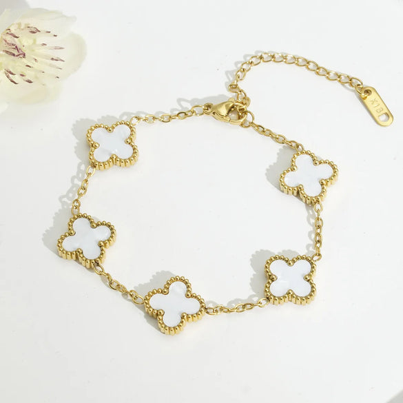 Mother Shell Titanium Steel 18K Gold Plated Elegant Lady Plating Four Leaf Clover Bracelets Necklace