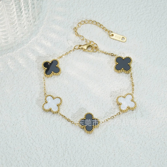 Mother Shell Titanium Steel 18K Gold Plated Elegant Lady Plating Four Leaf Clover Bracelets Necklace