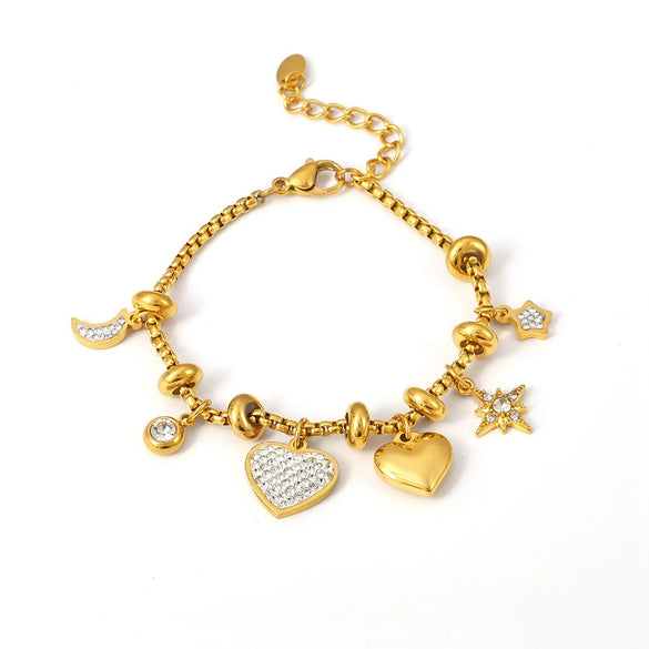 Multi Element Diy Women's Bracelet With Star Moon Zircon Stainless Steel Accessories Geometric Styling Electroplating Treatment