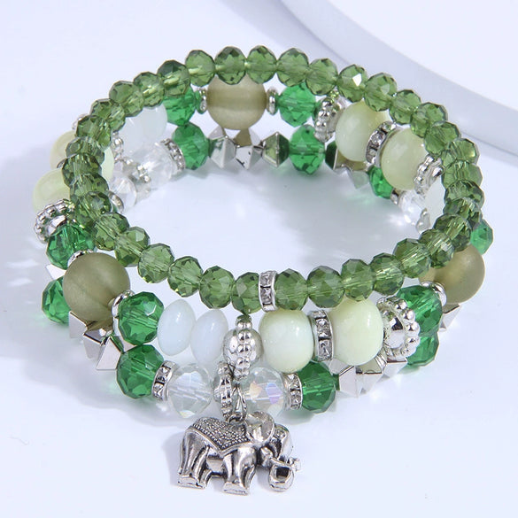 Multi Layer Bracelet With Metal Elephant Pendant And Glass Beads Alloy Material