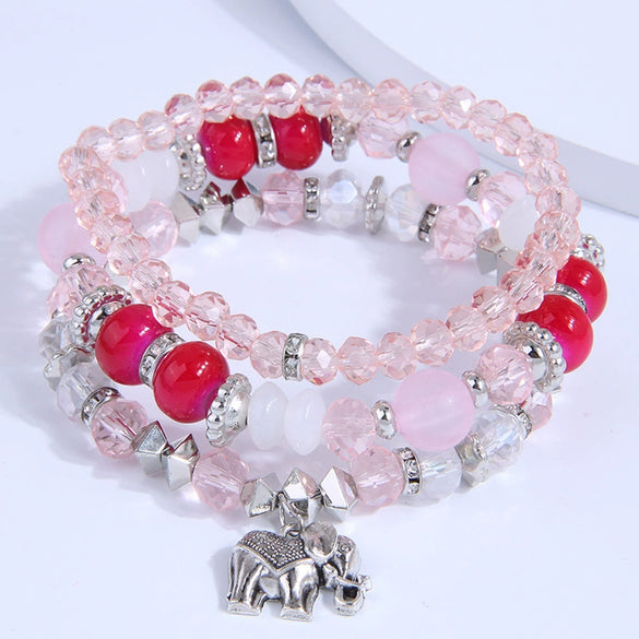 Multi Layer Bracelet With Metal Elephant Pendant And Glass Beads Alloy Material