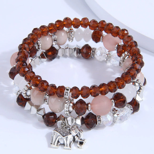 Multi Layer Bracelet With Metal Elephant Pendant And Glass Beads Alloy Material