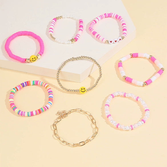 Multi Layer Elastic Line Soft Pottery And Pearl Handmade Women's Bracelet With Smiley Face And Star Pattern