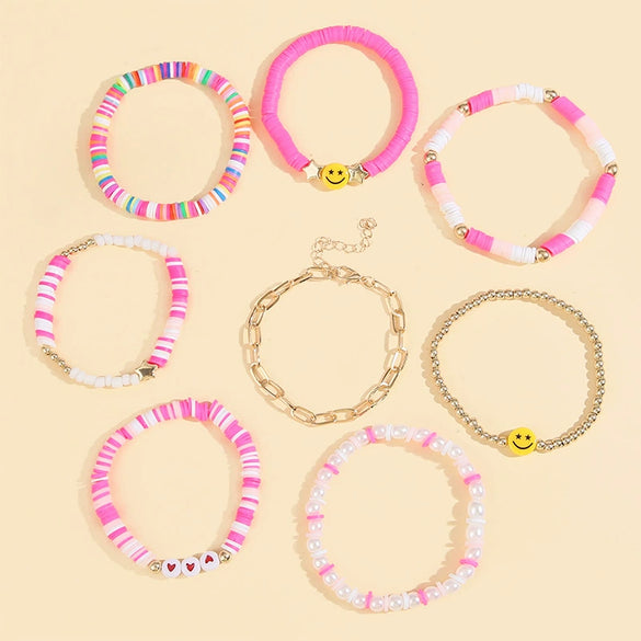 Multi Layer Elastic Line Soft Pottery And Pearl Handmade Women's Bracelet With Smiley Face And Star Pattern