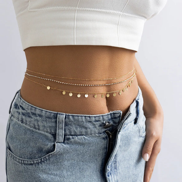 Multi-Layer Tassel Sequined Metal Waist Beach Rhinestone Alloy Body Chain