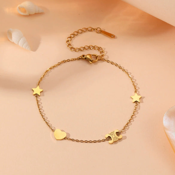 Multi Pendant Women's Necklace In Titanium Steel With Four Leaf Clover Love Star Moon Devil's Eye And Geometric Patterns