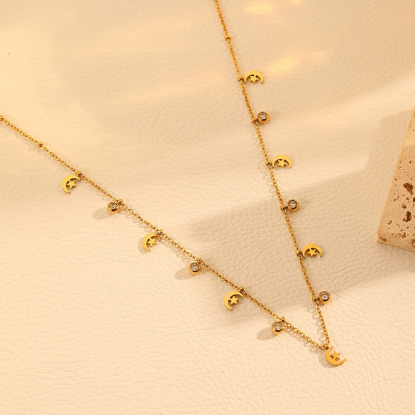 Multi Pendant Women's Necklace In Titanium Steel With Four Leaf Clover Love Star Moon Devil's Eye And Geometric Patterns