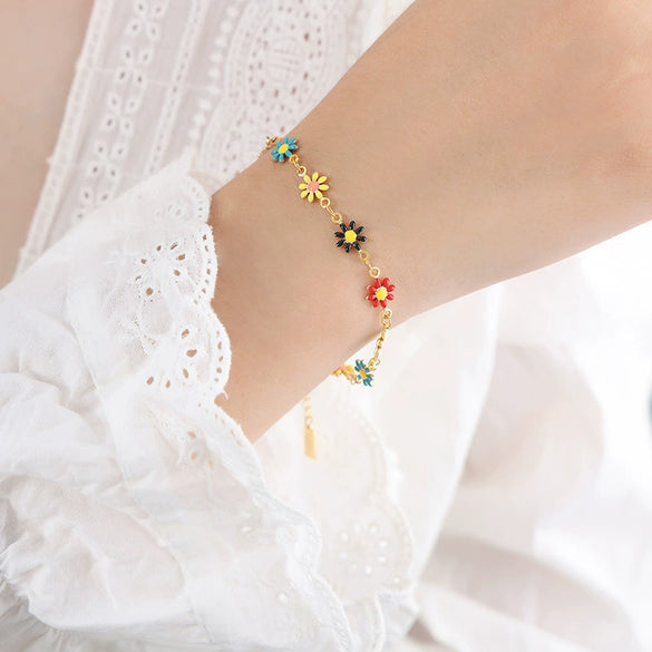 Multicolor Daisy Flower Drop Peach Heart Light Luxury Fashion Jewelry Set With Titanium Steel Stud Earrings And Necklace Gold Plated