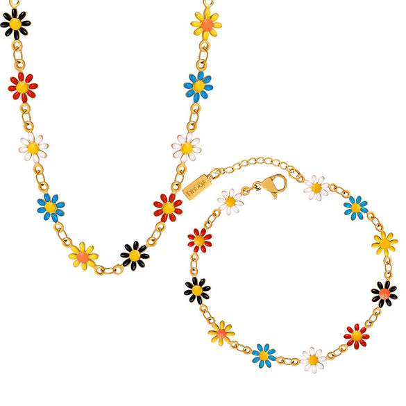 Multicolor Daisy Flower Drop Peach Heart Light Luxury Fashion Jewelry Set With Titanium Steel Stud Earrings And Necklace Gold Plated