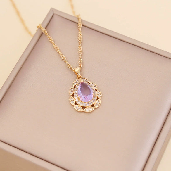 Multicolor Full Diamond Water Drop Women's Necklace With Water Wave Chain Made Of Glass Glaze And Artificial Crystal