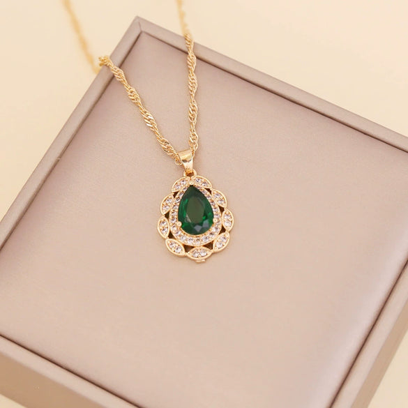 Multicolor Full Diamond Water Drop Women's Necklace With Water Wave Chain Made Of Glass Glaze And Artificial Crystal