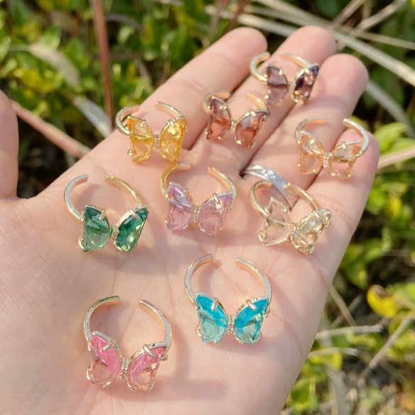Multicolor Glass Butterfly Ring For Women Copper Electroplated Creative Jewelry