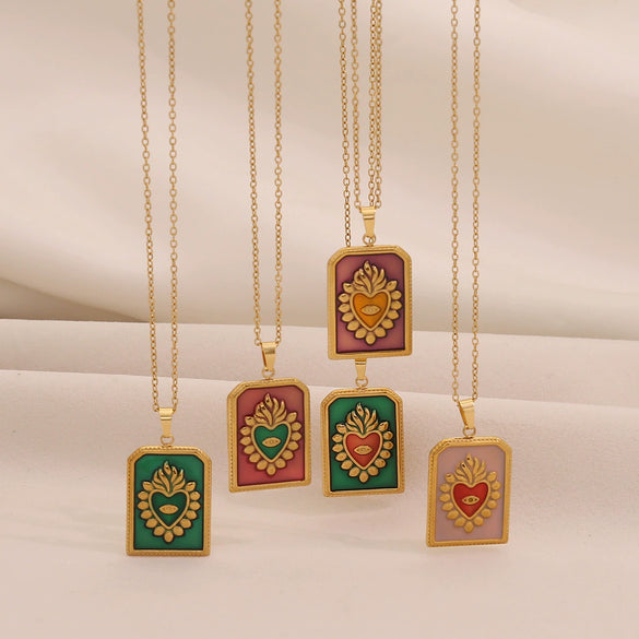 Multicolor Love Tarot Heart Shape Pendant Necklace In Stainless Steel With Dripping Oil For Women