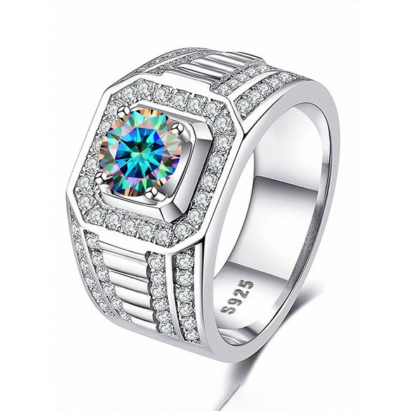 Multicolor Moissanite Full Diamond Four Claw Men's And Women's Ring In 925 Silver With Geometric Styling And Electroplating