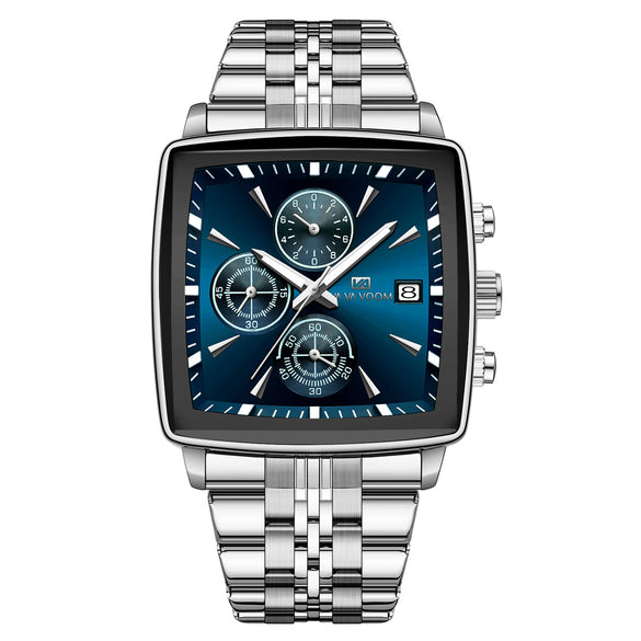 Multifunctional Business Men's Quartz Watch Alloy Case Stainless Steel Strap Square Dial Waterproof Luminous Calendar Threeeye Sixpin