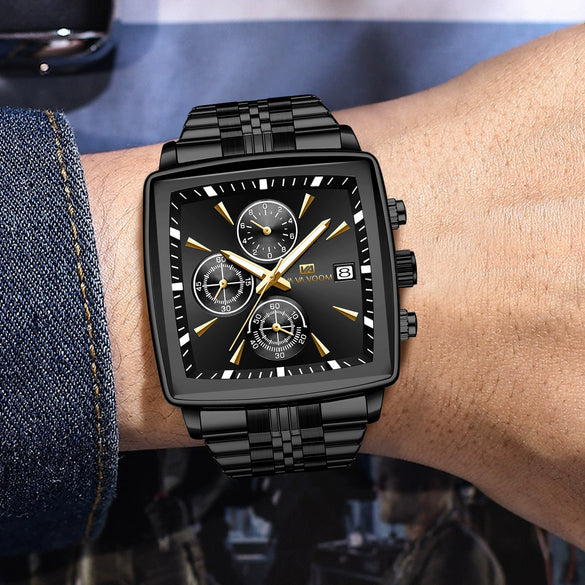 Multifunctional Business Men's Quartz Watch Alloy Case Stainless Steel Strap Square Dial Waterproof Luminous Calendar Threeeye Sixpin