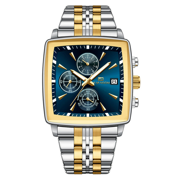 Multifunctional Business Men's Quartz Watch Alloy Case Stainless Steel Strap Square Dial Waterproof Luminous Calendar Threeeye Sixpin