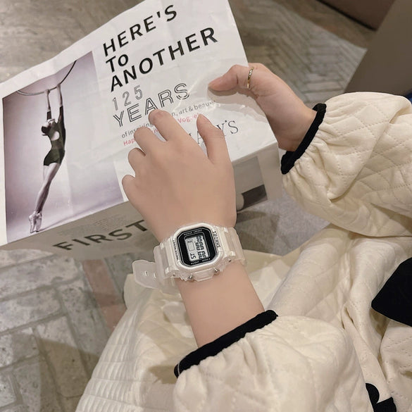 Multifunctional Casual Electronic Watch With Luminous Square Design Plastic Case Plastic Mirror And Silicone Strap For Men And Women Students